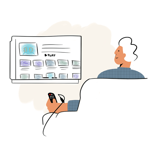 An illustration of a man watching TV while he gets his infusion